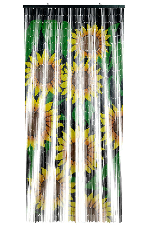 Hand-painted bamboo bead curtain with a bright yellow sunflower design, hanging in a doorway