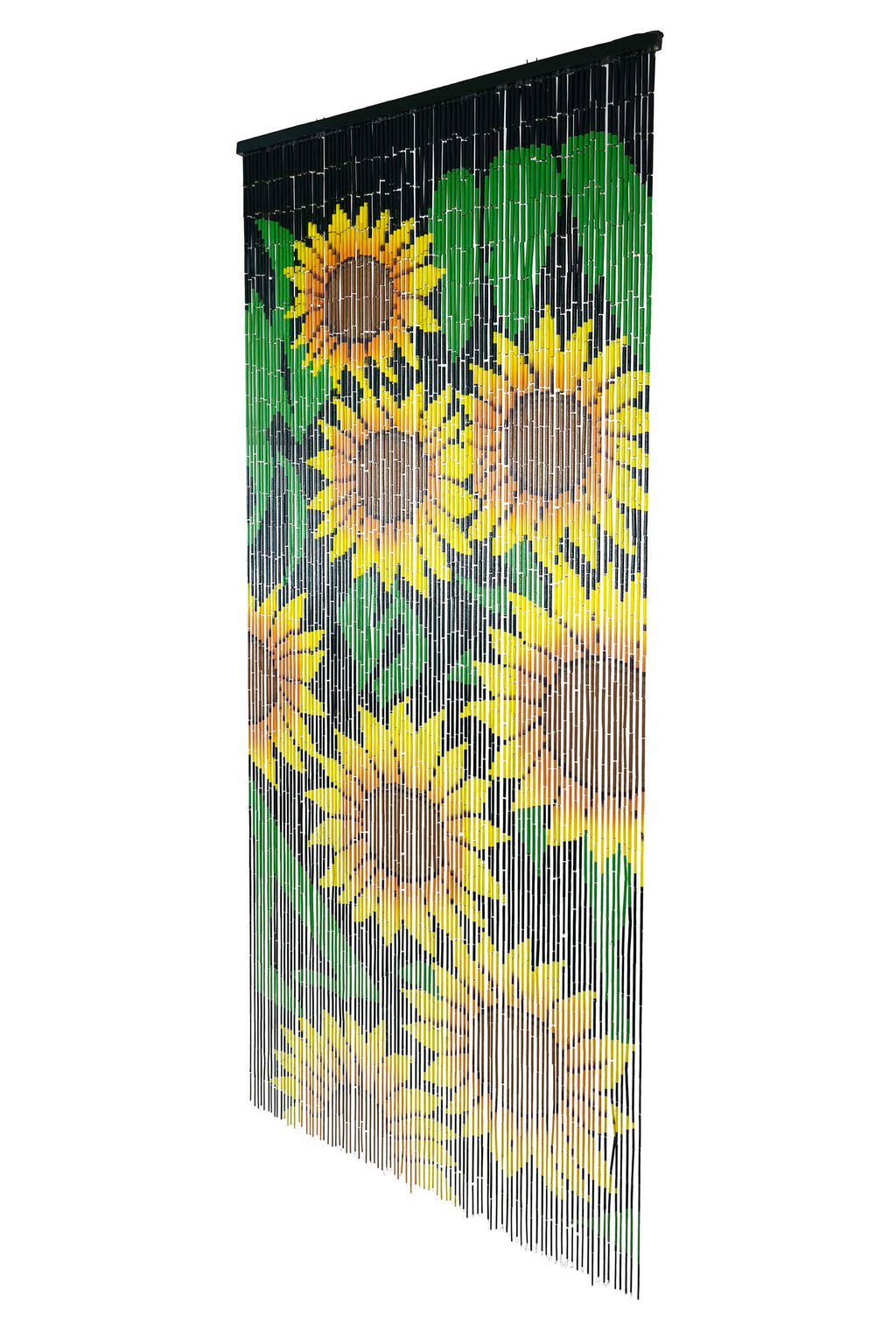 Hand-painted bamboo bead curtain with a bright yellow sunflower design, hanging in a doorway