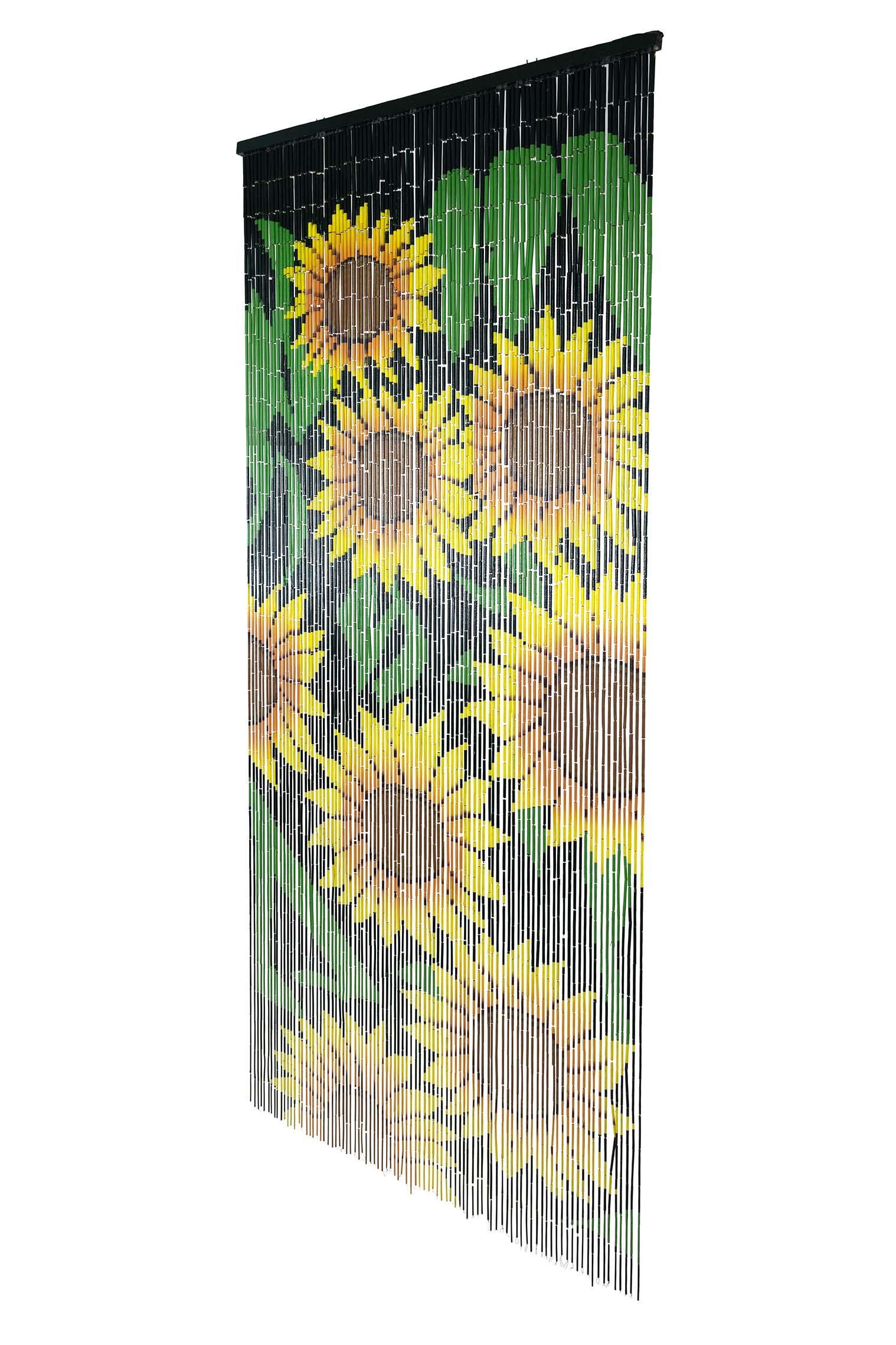 Hand-painted bamboo bead curtain with a bright yellow sunflower design, hanging in a doorway