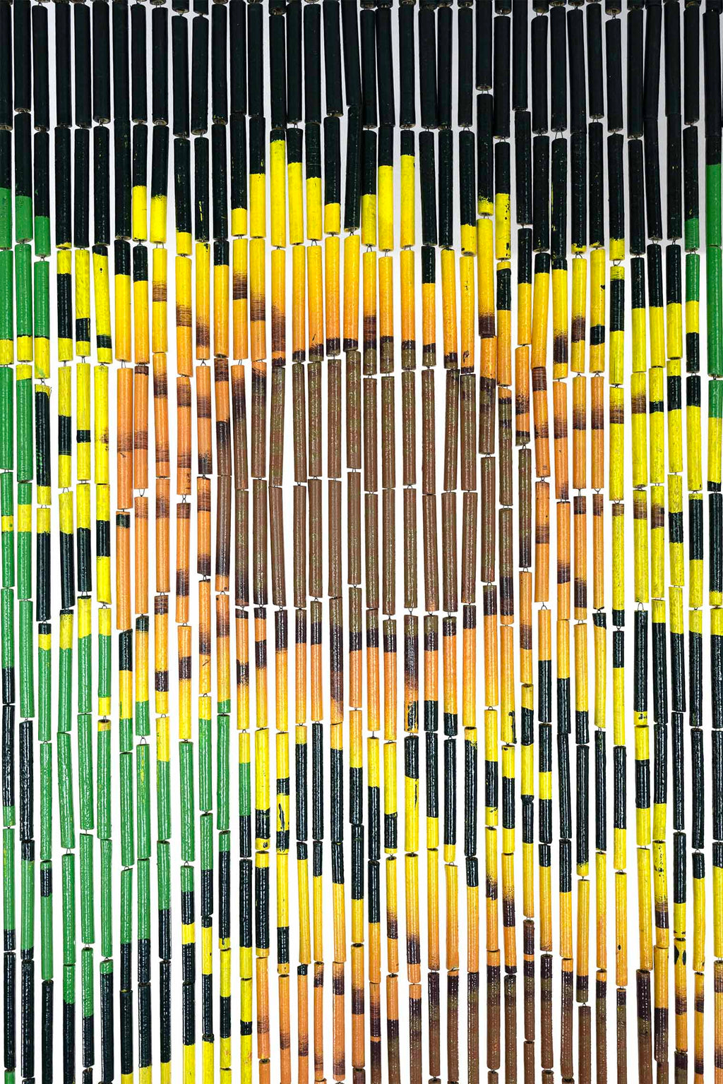 Hand-painted bamboo bead curtain with a bright yellow sunflower design, hanging in a doorway