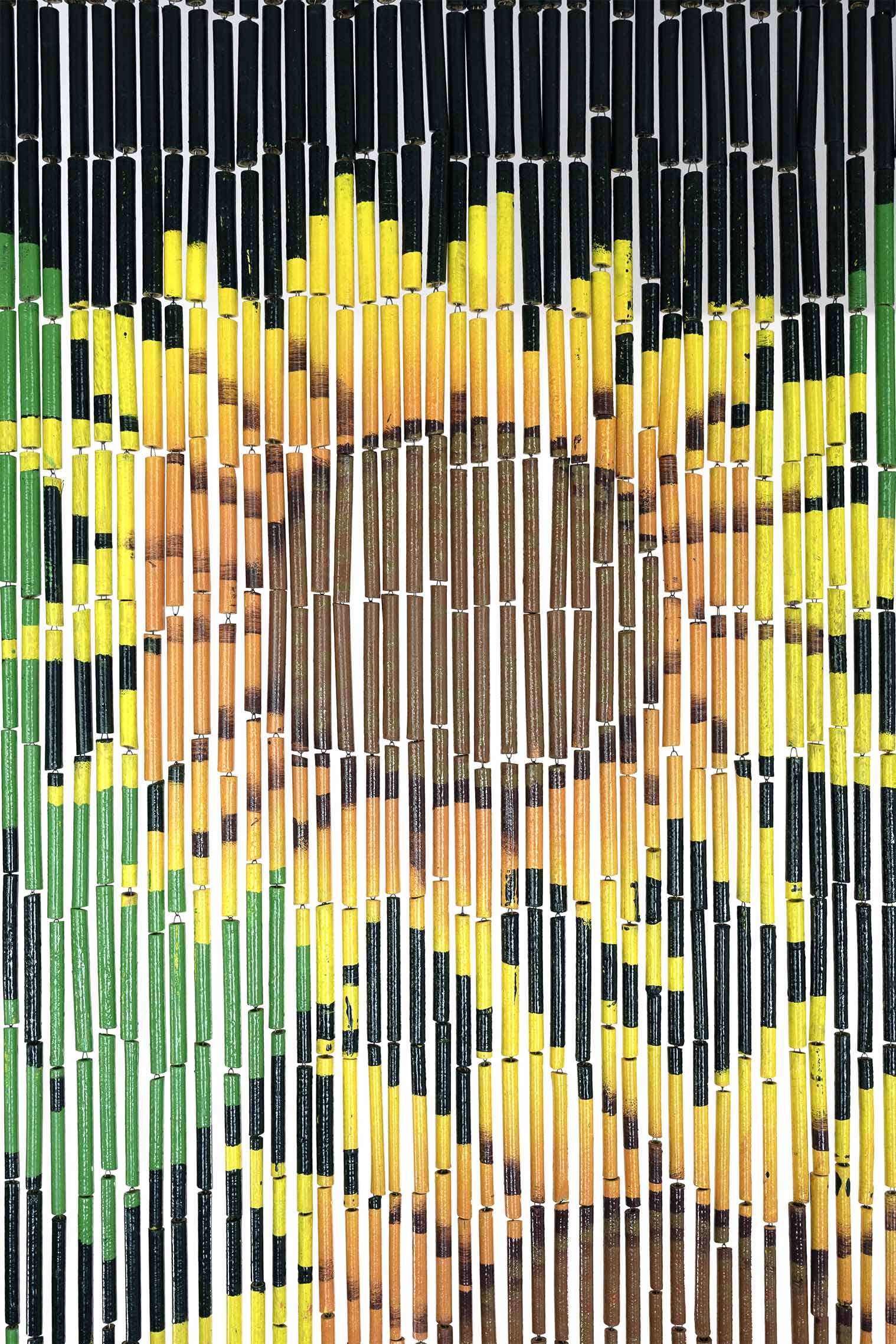 Hand-painted bamboo bead curtain with a bright yellow sunflower design, hanging in a doorway
