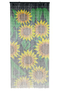 Hand-painted bamboo bead curtain with a bright yellow sunflower design, hanging in a doorway