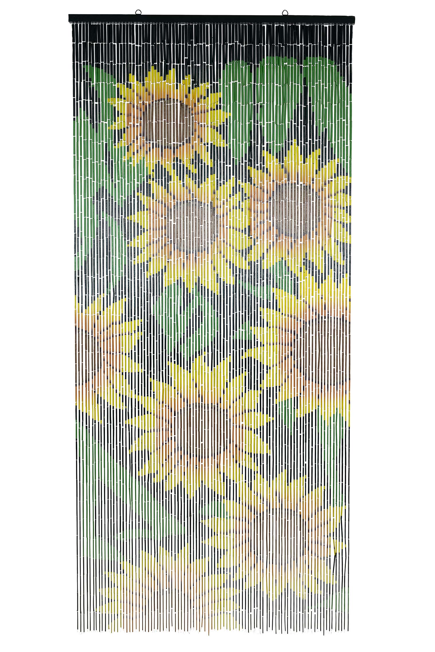 Hand-painted bamboo bead curtain with a bright yellow sunflower design, hanging in a doorway