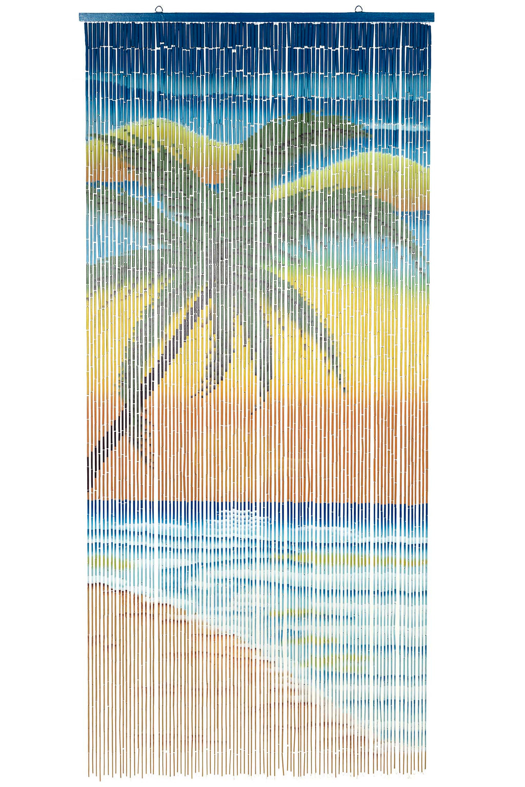 Hand-painted bamboo bead curtain showing a tropical sunset with palm tree silhouettes, hanging in a doorway