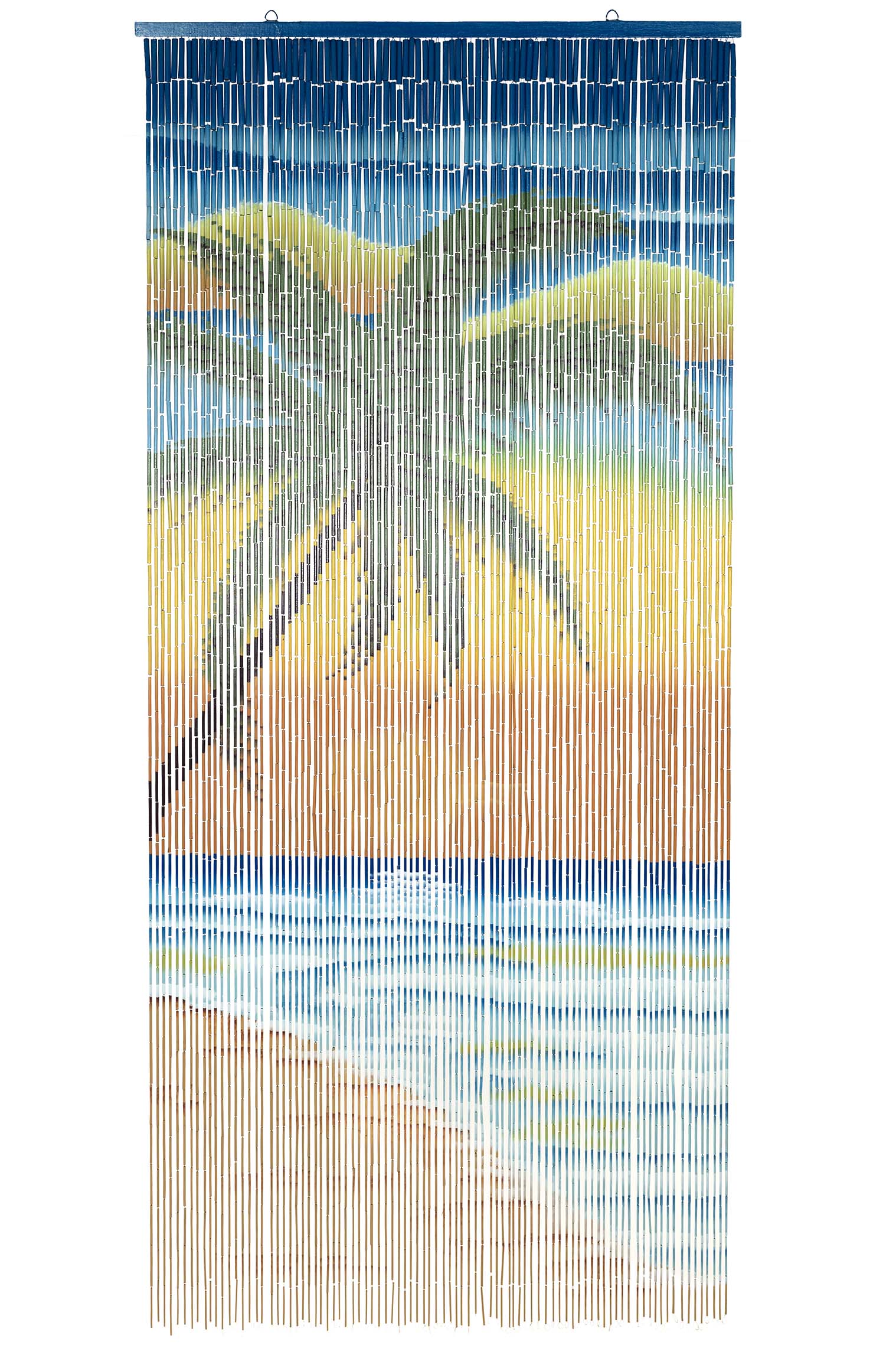 Hand-painted bamboo bead curtain showing a tropical sunset with palm tree silhouettes, hanging in a doorway