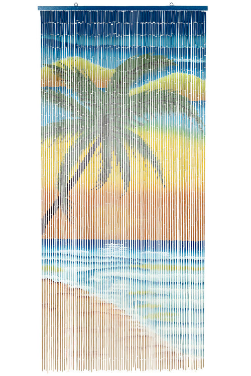 Hand-painted bamboo bead curtain showing a tropical sunset with palm tree silhouettes, hanging in a doorway