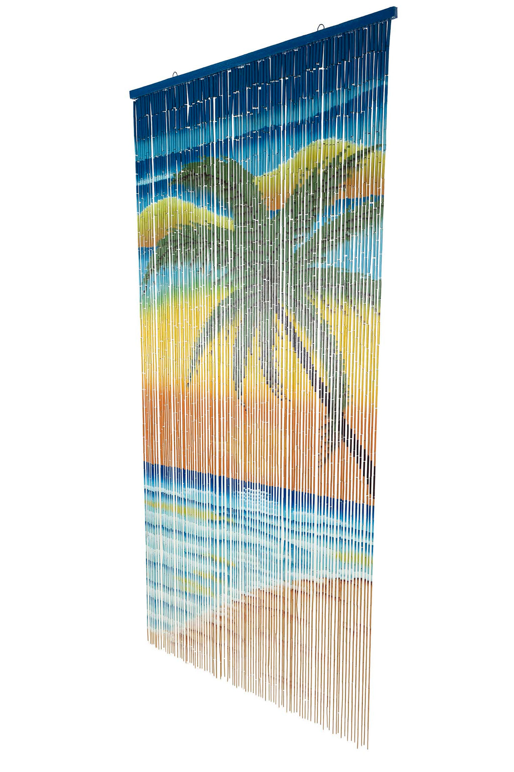 Hand-painted bamboo bead curtain showing a tropical sunset with palm tree silhouettes, hanging in a doorway