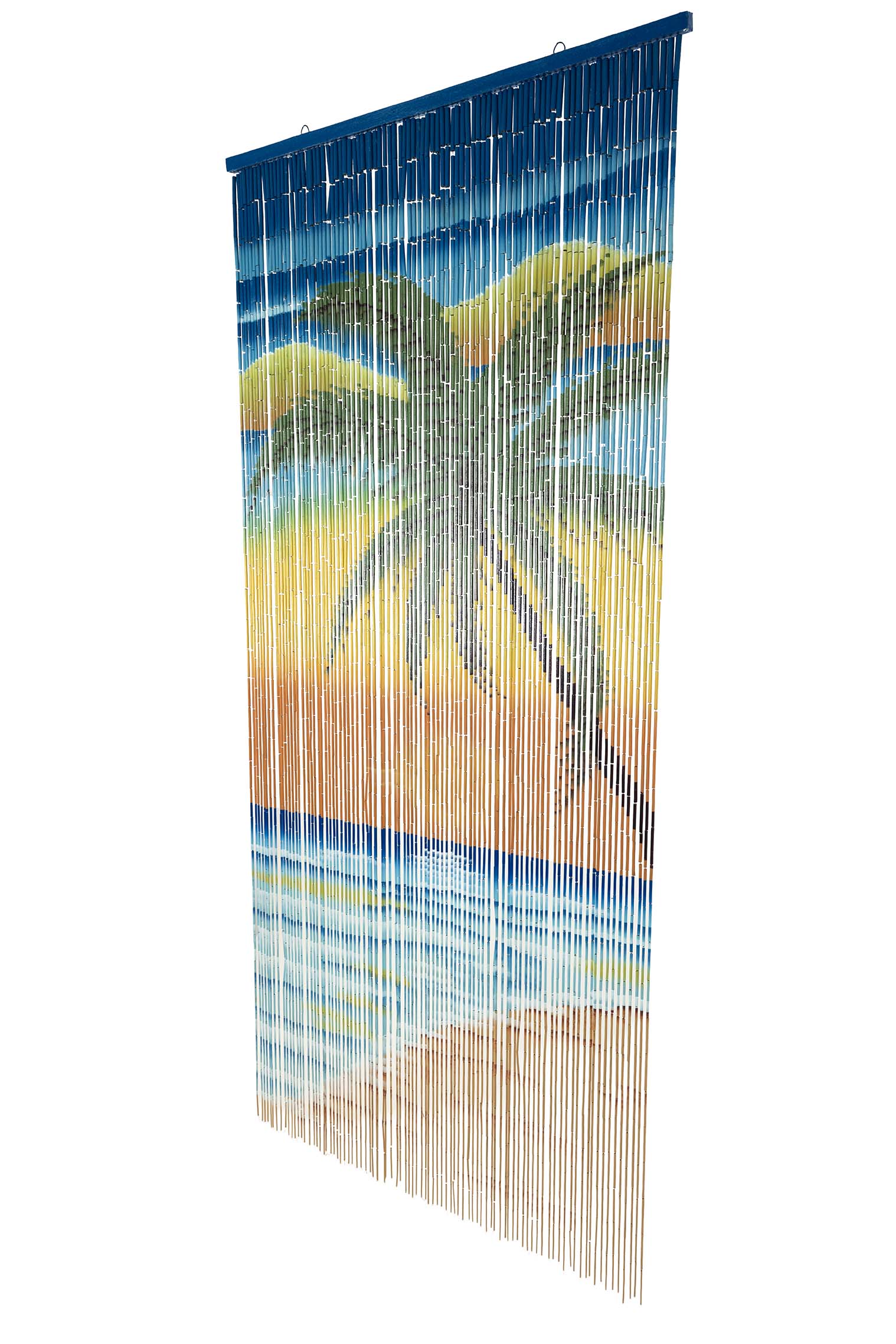 Hand-painted bamboo bead curtain showing a tropical sunset with palm tree silhouettes, hanging in a doorway