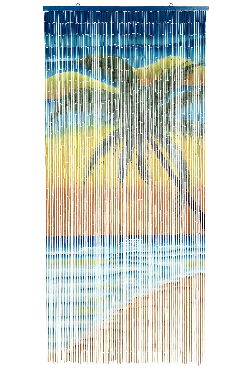 Hand-painted bamboo bead curtain showing a tropical sunset with palm tree silhouettes, hanging in a doorway