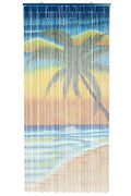 Hand-painted bamboo bead curtain showing a tropical sunset with palm tree silhouettes, hanging in a doorway