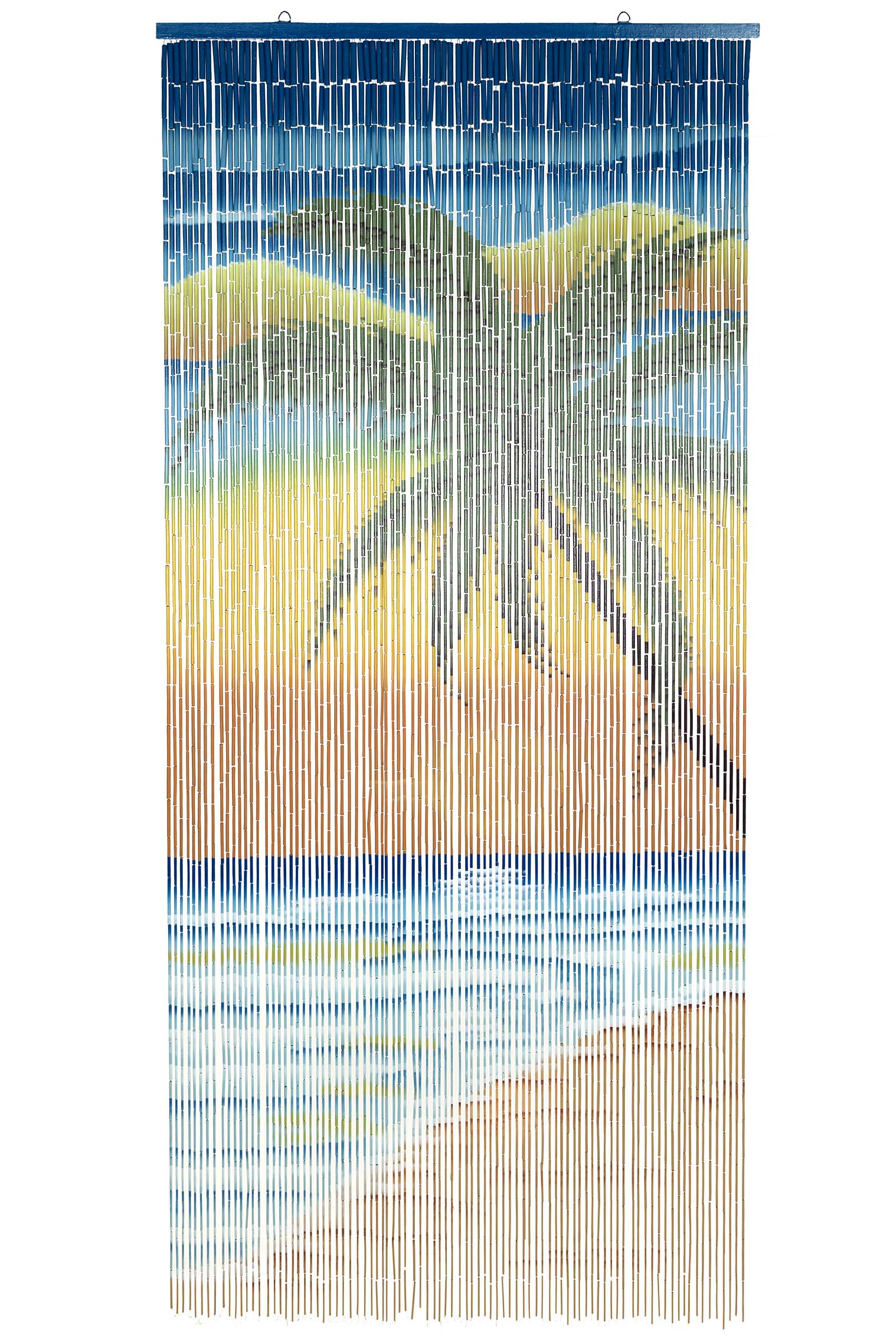 Hand-painted bamboo bead curtain showing a tropical sunset with palm tree silhouettes, hanging in a doorway