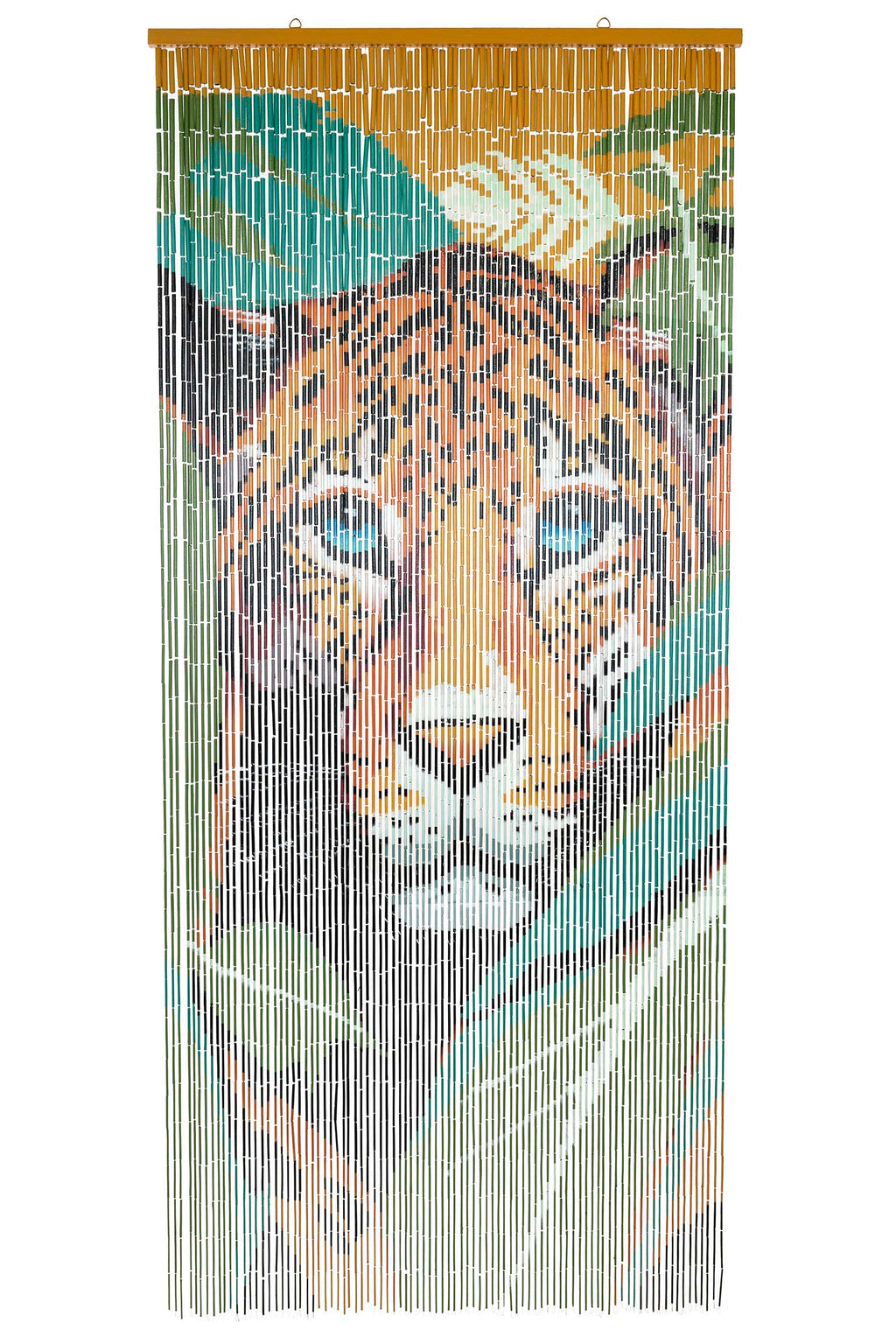 Hand-painted bamboo bead curtain with a striking tiger design, hanging in a doorway