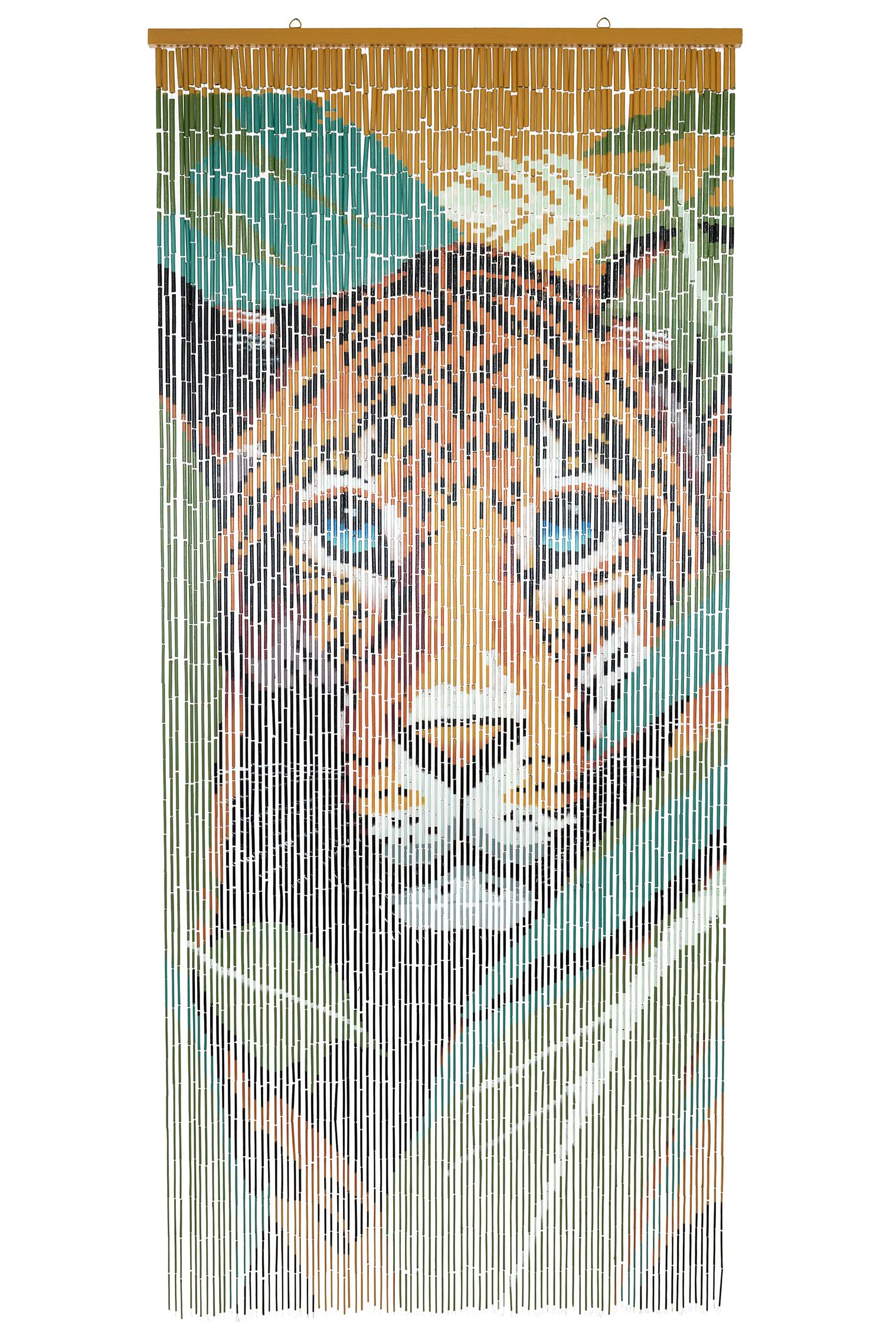 Hand-painted bamboo bead curtain with a striking tiger design, hanging in a doorway