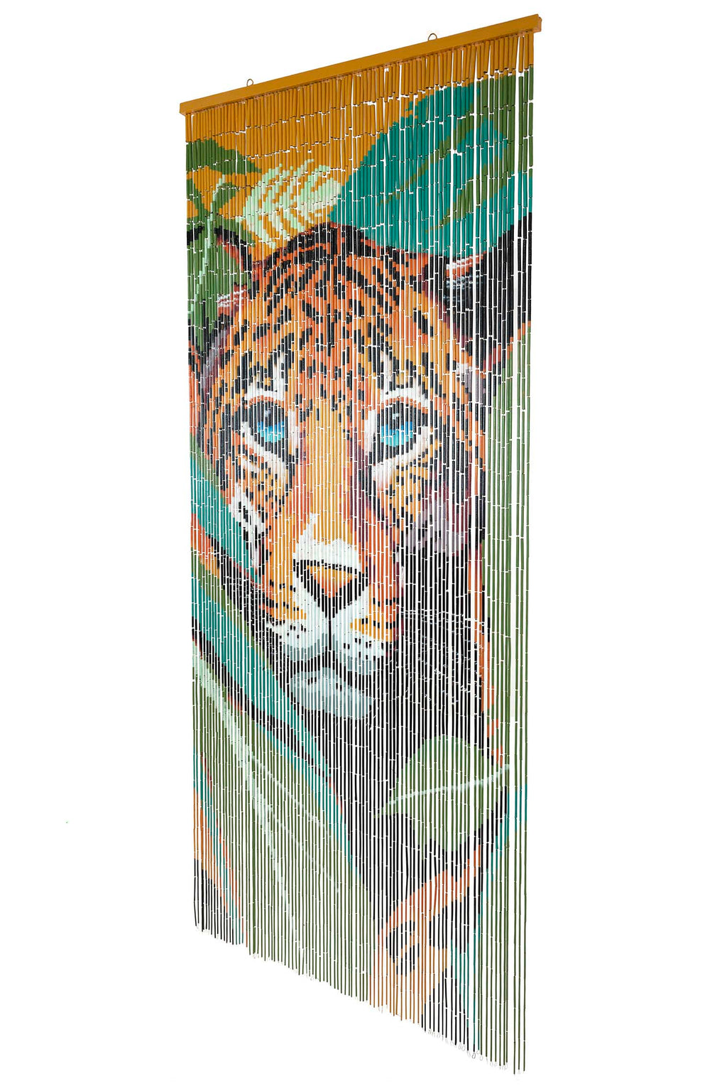 Hand-painted bamboo bead curtain with a striking tiger design, hanging in a doorway