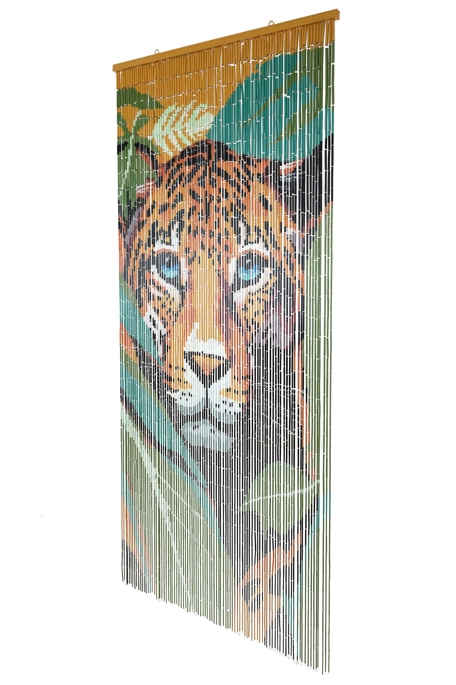 Hand-painted bamboo bead curtain with a striking tiger design, hanging in a doorway