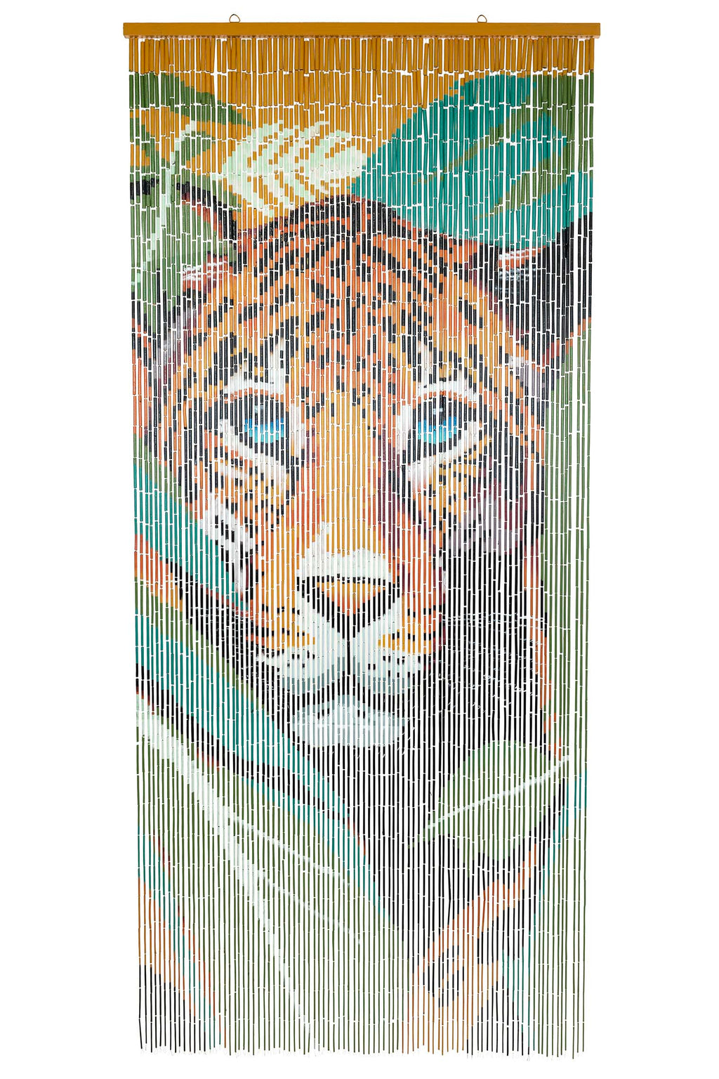 Hand-painted bamboo bead curtain with a striking tiger design, hanging in a doorway