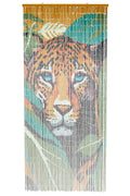 Hand-painted bamboo bead curtain with a striking tiger design, hanging in a doorway