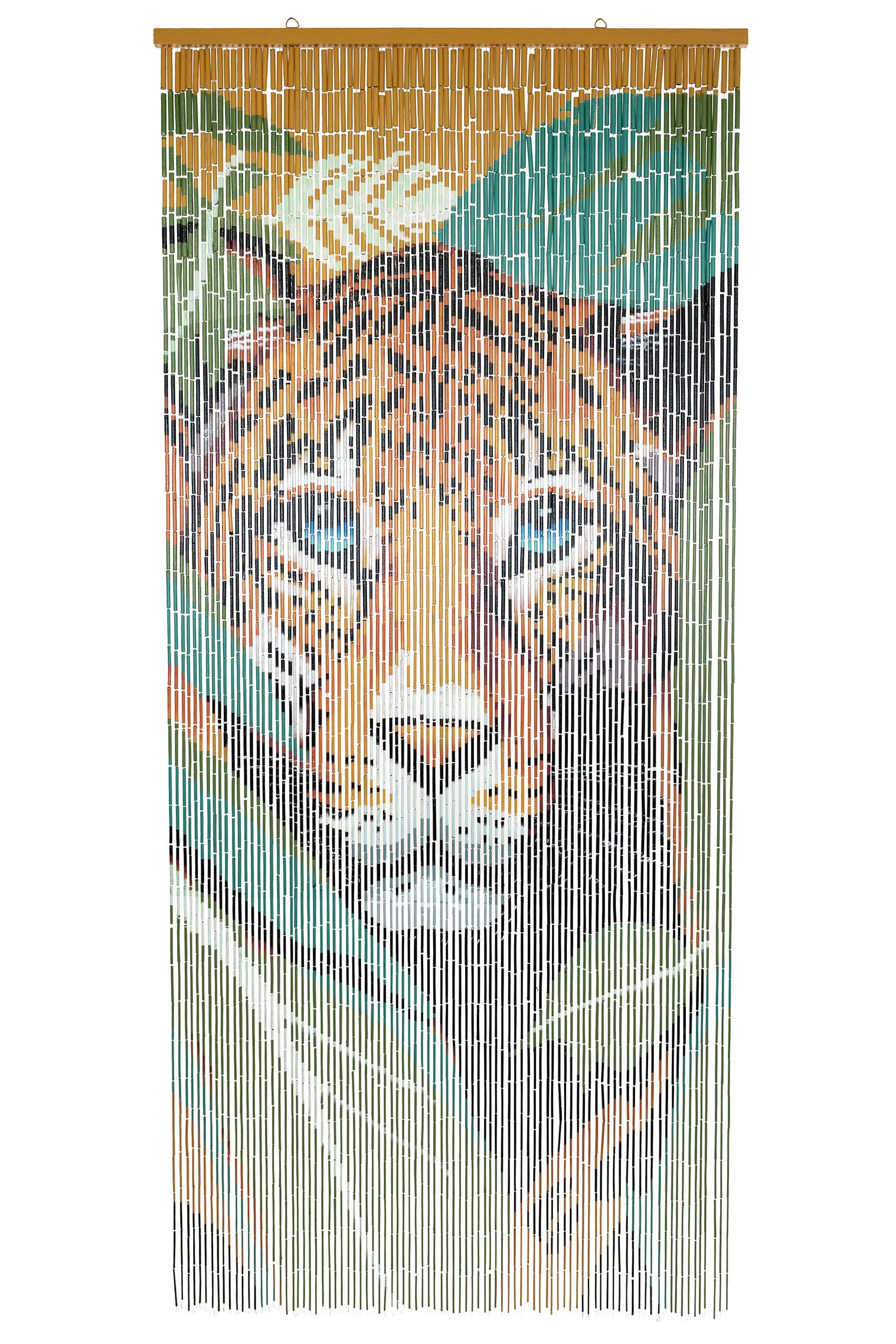 Hand-painted bamboo bead curtain with a striking tiger design, hanging in a doorway