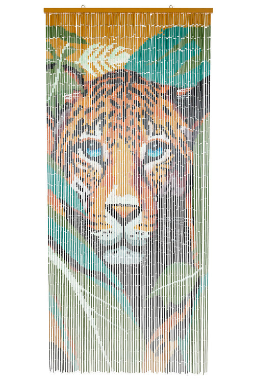 Hand-painted bamboo bead curtain with a striking tiger design, hanging in a doorway