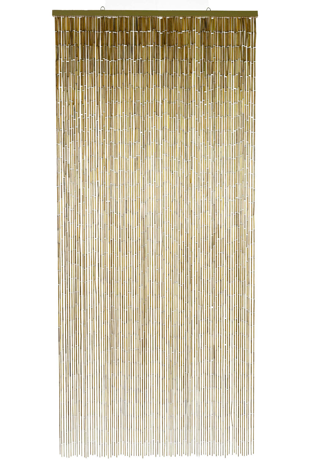 Natural unpainted bamboo bead curtain in warm raw bamboo tones, hanging in a doorway