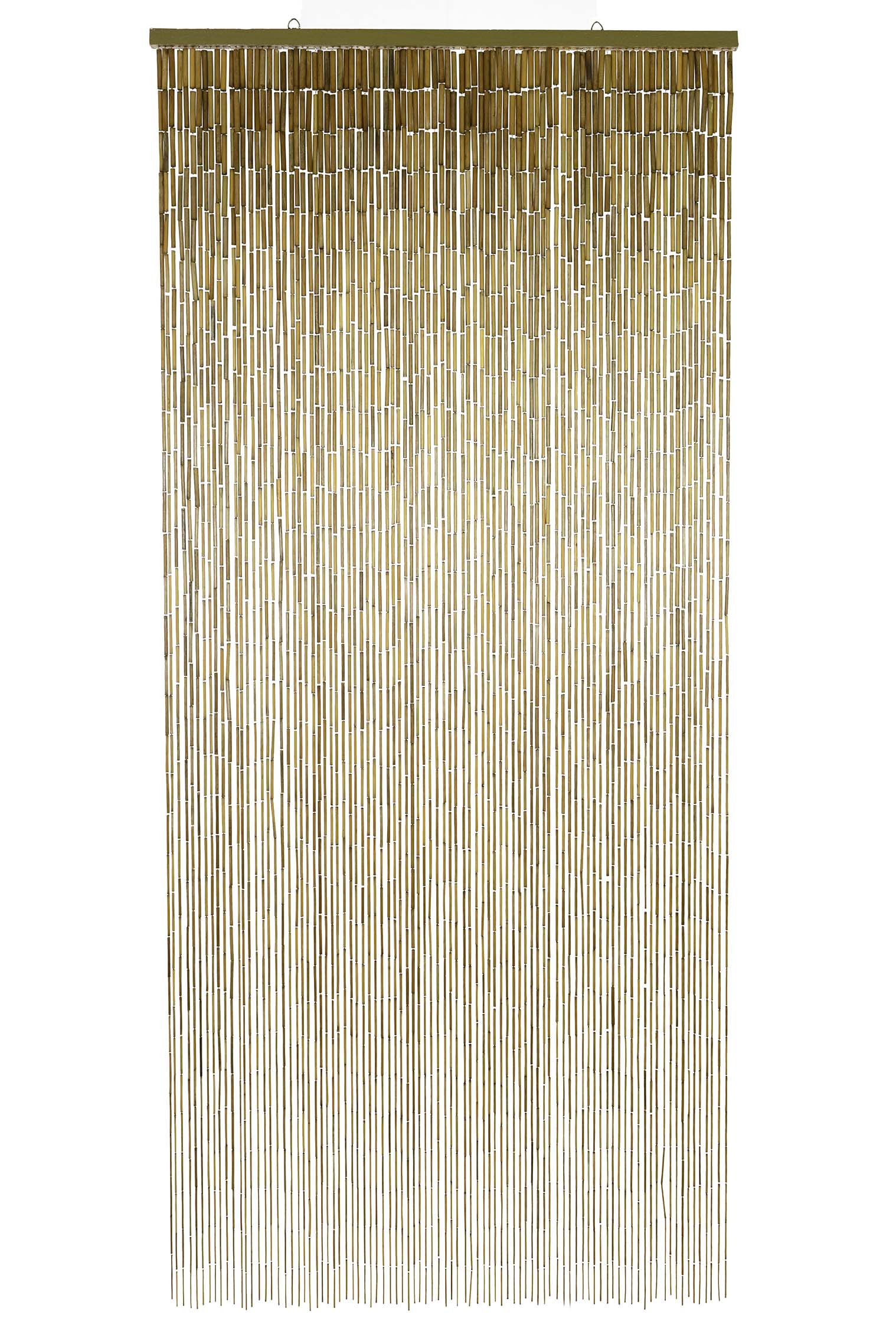 Natural unpainted bamboo bead curtain in warm raw bamboo tones, hanging in a doorway