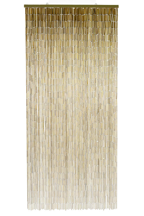 Natural unpainted bamboo bead curtain in warm raw bamboo tones, hanging in a doorway