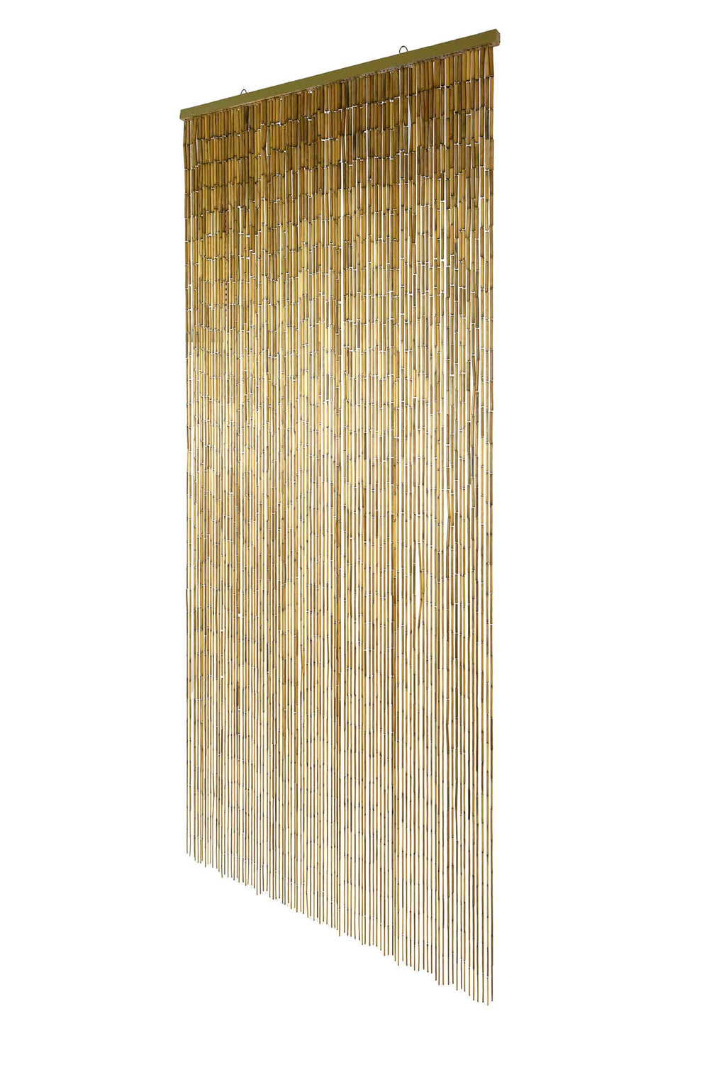 Natural unpainted bamboo bead curtain in warm raw bamboo tones, hanging in a doorway