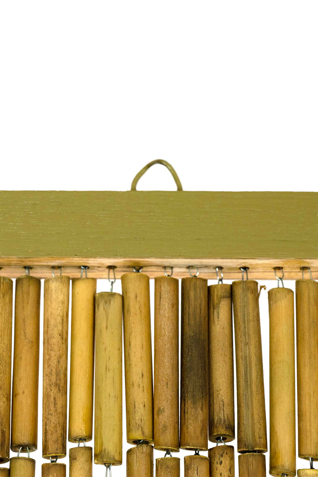 Natural unpainted bamboo bead curtain in warm raw bamboo tones, hanging in a doorway