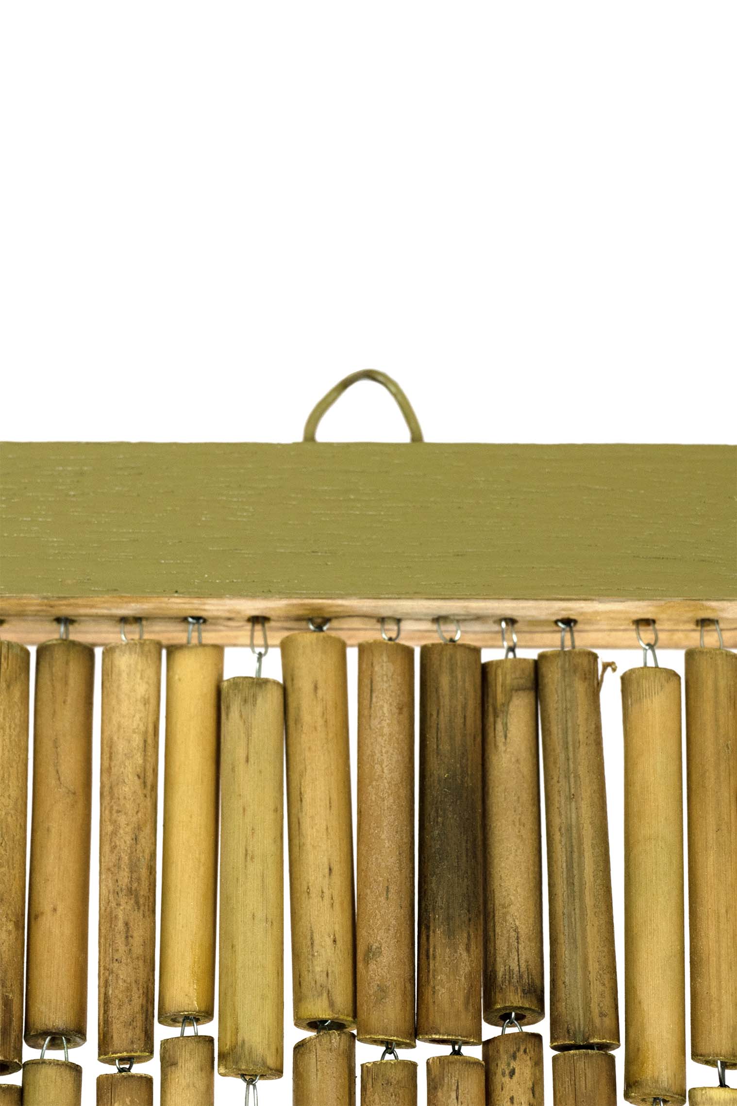 Natural unpainted bamboo bead curtain in warm raw bamboo tones, hanging in a doorway
