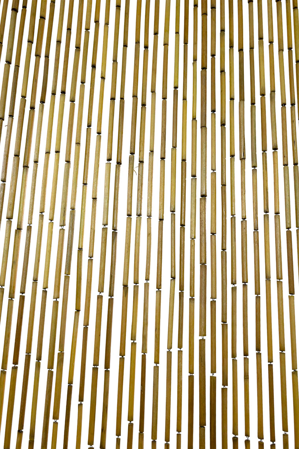 Natural unpainted bamboo bead curtain in warm raw bamboo tones, hanging in a doorway