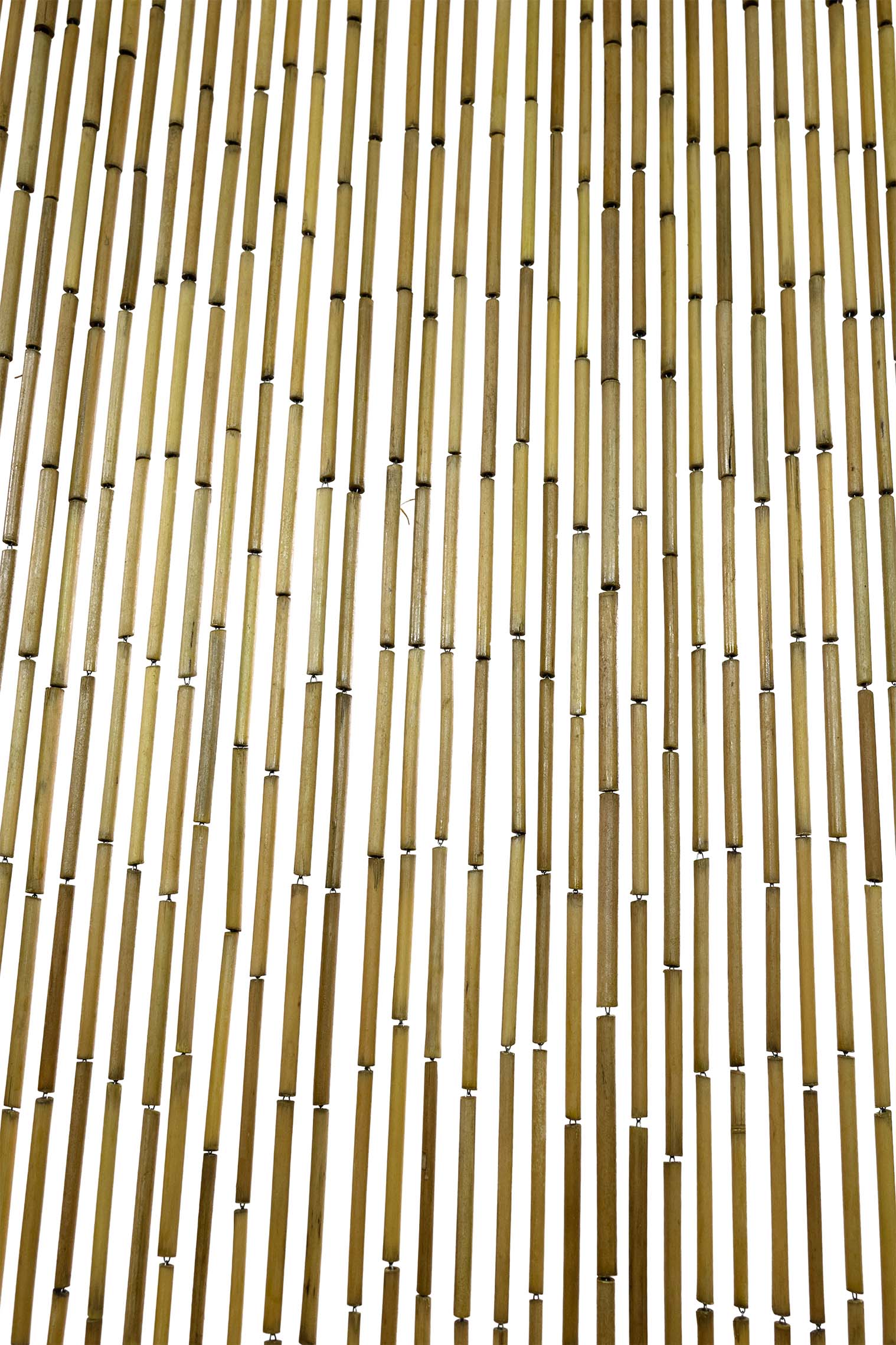 Natural unpainted bamboo bead curtain in warm raw bamboo tones, hanging in a doorway