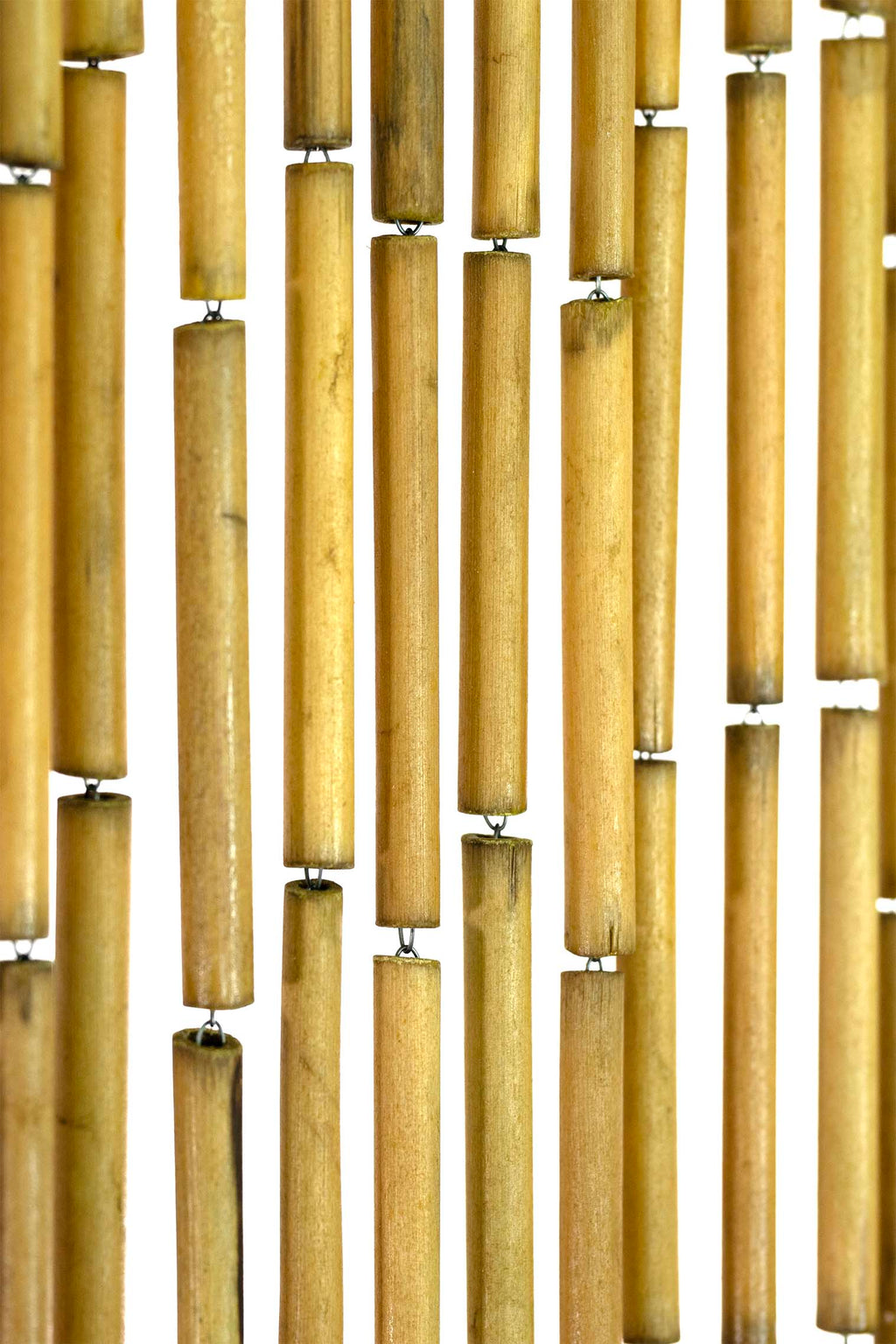Natural unpainted bamboo bead curtain in warm raw bamboo tones, hanging in a doorway