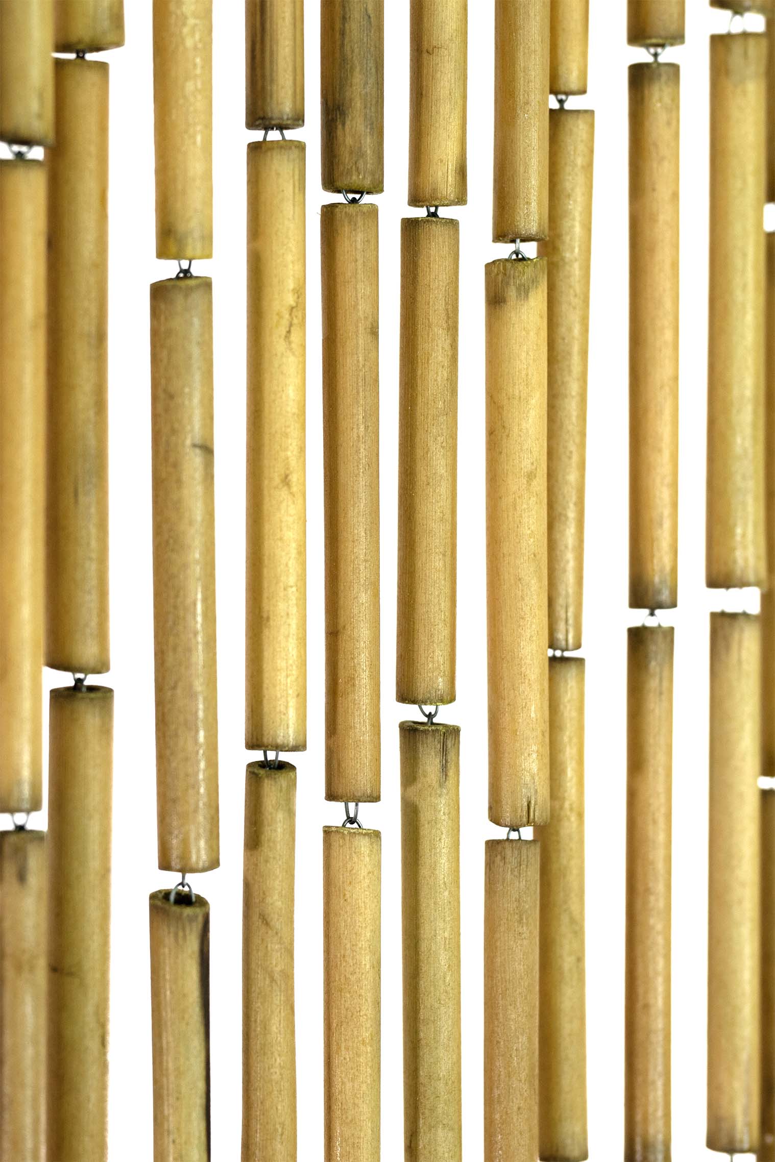 Natural unpainted bamboo bead curtain in warm raw bamboo tones, hanging in a doorway