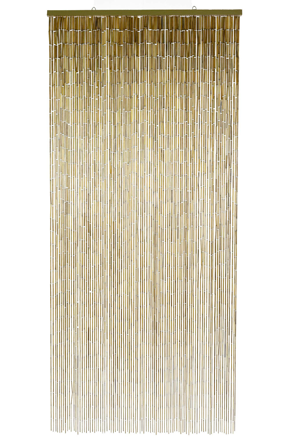 Natural unpainted bamboo bead curtain in warm raw bamboo tones, hanging in a doorway