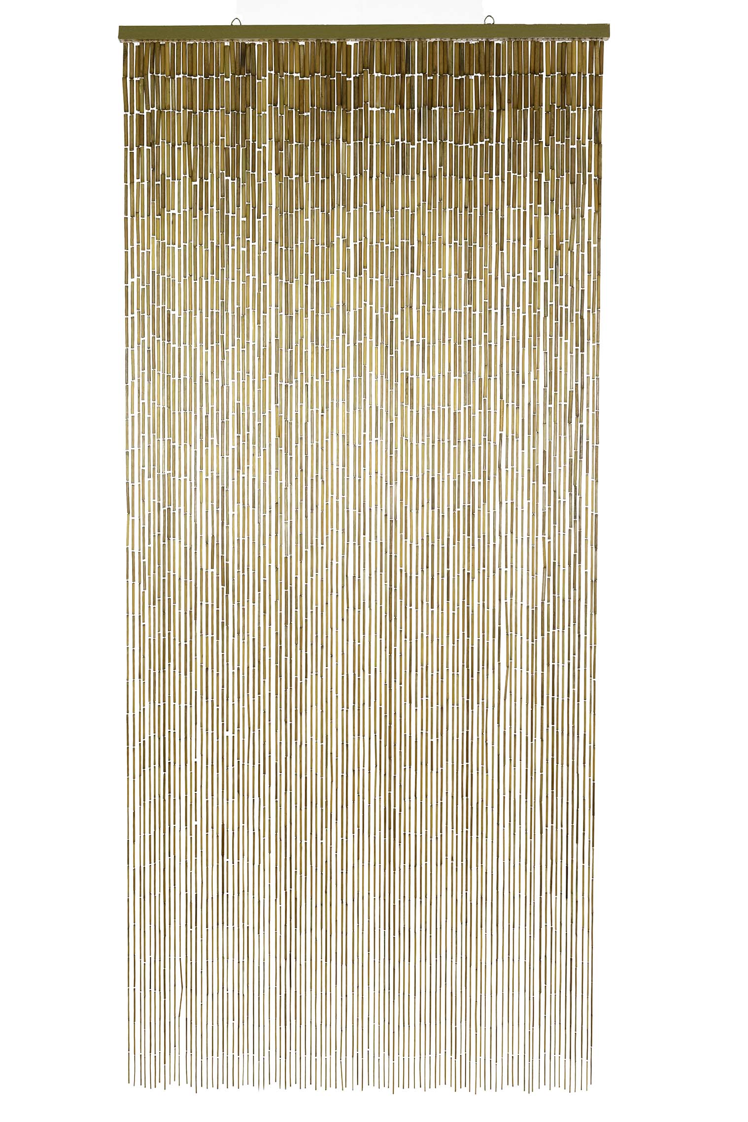 Natural unpainted bamboo bead curtain in warm raw bamboo tones, hanging in a doorway