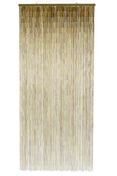Natural unpainted bamboo bead curtain in warm raw bamboo tones, hanging in a doorway