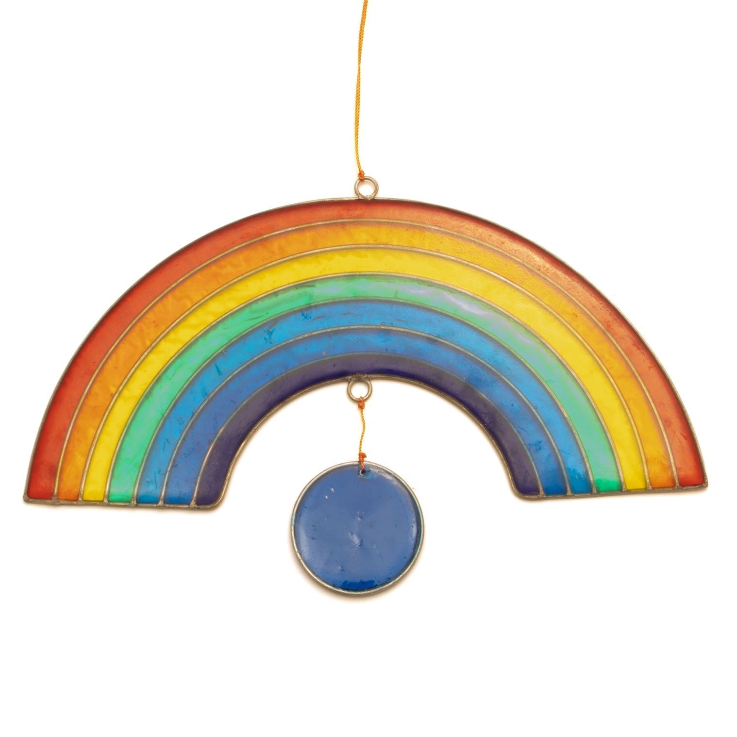 Classic rainbow arch suncatcher in red, orange, yellow, green, blue and purple with a deep blue circle at the base