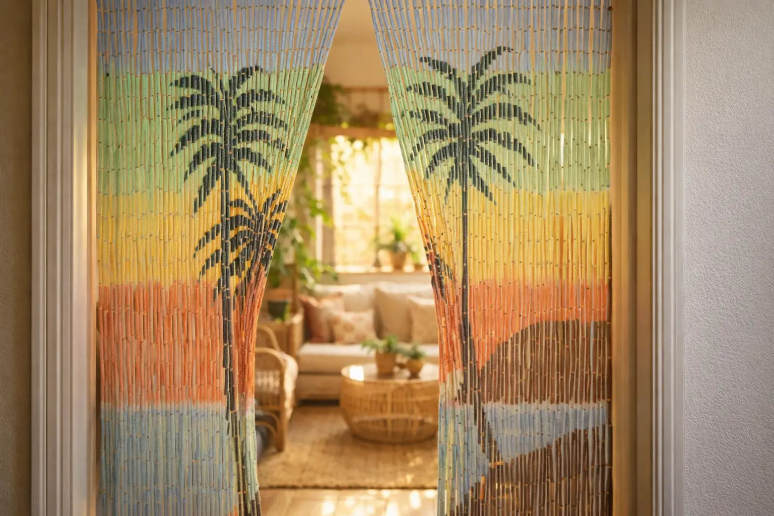 A bamboo bead curtain leading into a warm sunlit living room